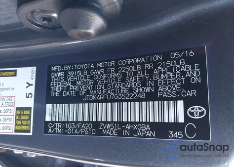 2016 Toyota Prius Three z USA, uszkodzony, nr VIN JTDKARFU7G3522248